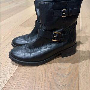 Tory Burch Black Ankle Boots with Gold Buckles